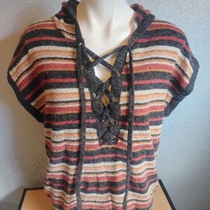 Hem & Thread Multicolor Striped Lace-Up Hoodie‎ Nice Clean Shape Vtg Boho Style